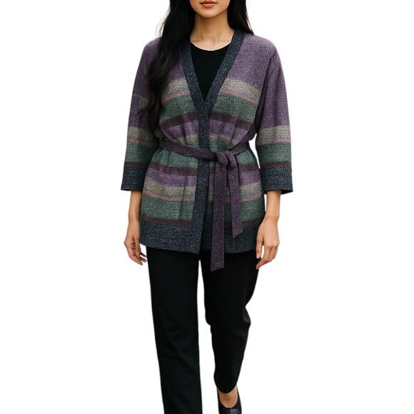 Missoni Metallic Striped Cardigan Color Block Belt Tie Size 6 - Picture 2 of 9